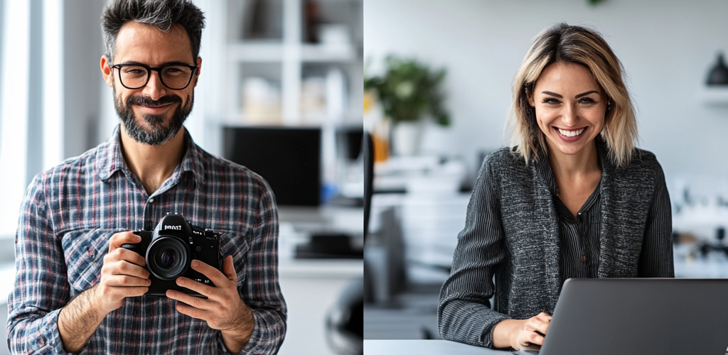A man photographer and a woman on a computer